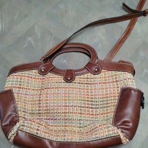 Fossil Bag Weave Woven Brown Shoulder Hand Bag Purse Brown Leather Wooden Handle